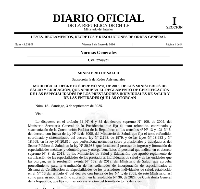 Se publica en el Diario Oficial decreto sobre recertificación de especialidades